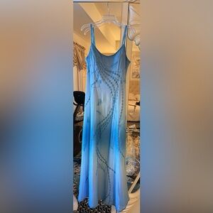 Lenovia Elegant Blue Beaded Spaghetti Strap Dress Y2K Hand Beaded